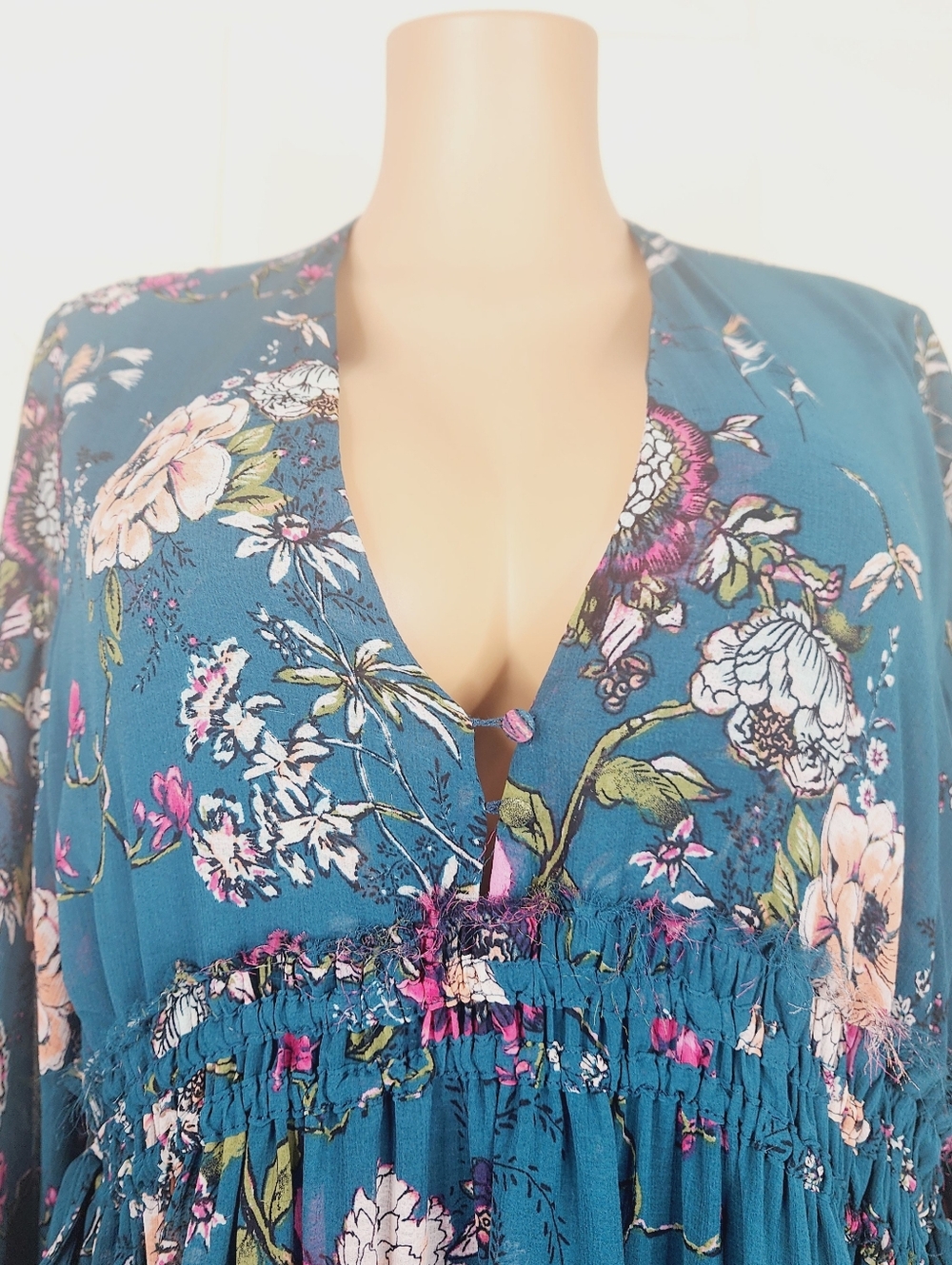 Free People Teal Dress with Pink Bird Print - Picture 3 of 6